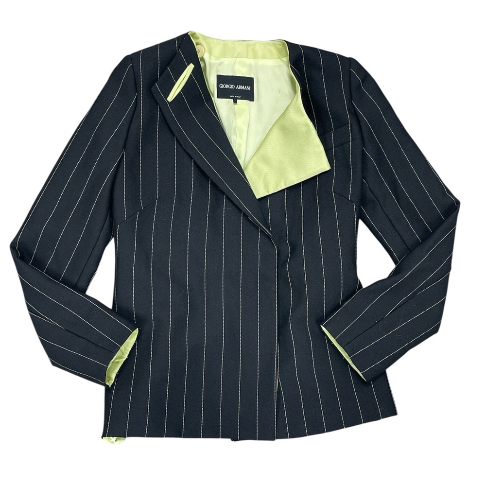 Giorgio Armani Black Pinstripe Blazer with Lime Green Lining